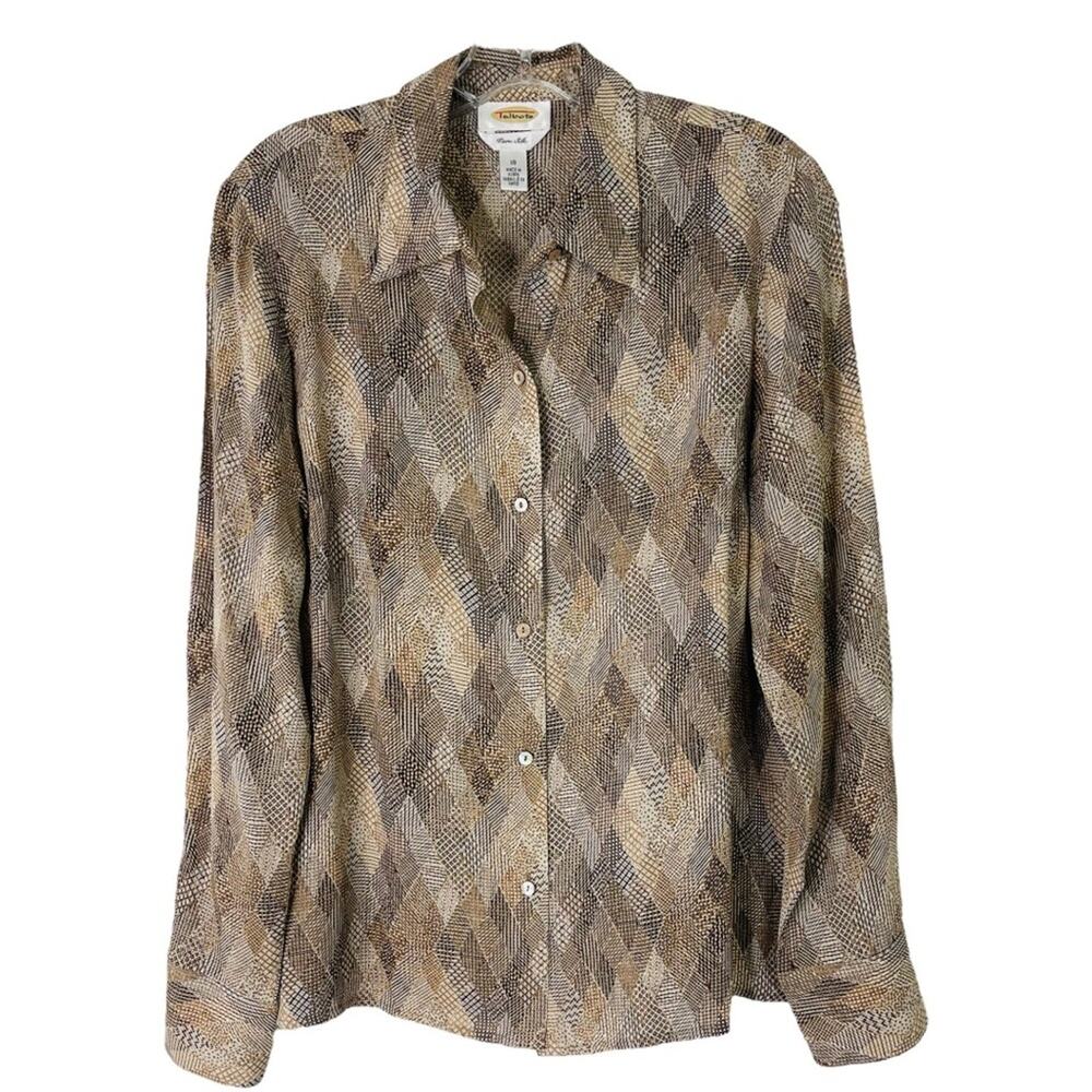 Vintage Talbots tan cream silk mixed print office preppy button front top 10